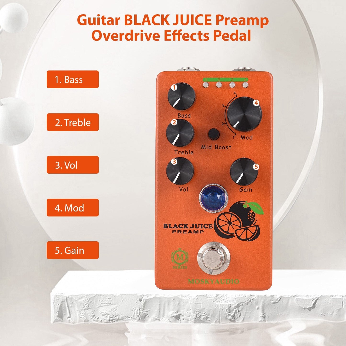 Black Juice Overdrive Pedal by MOSKYAUDIO: 4 Modes, 3-Band EQ Guitar Preamp