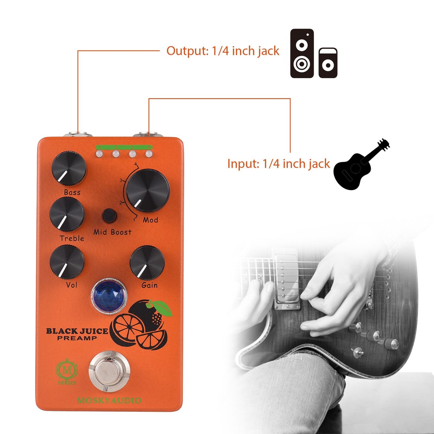 Black Juice Overdrive Pedal by MOSKYAUDIO: 4 Modes, 3-Band EQ Guitar Preamp