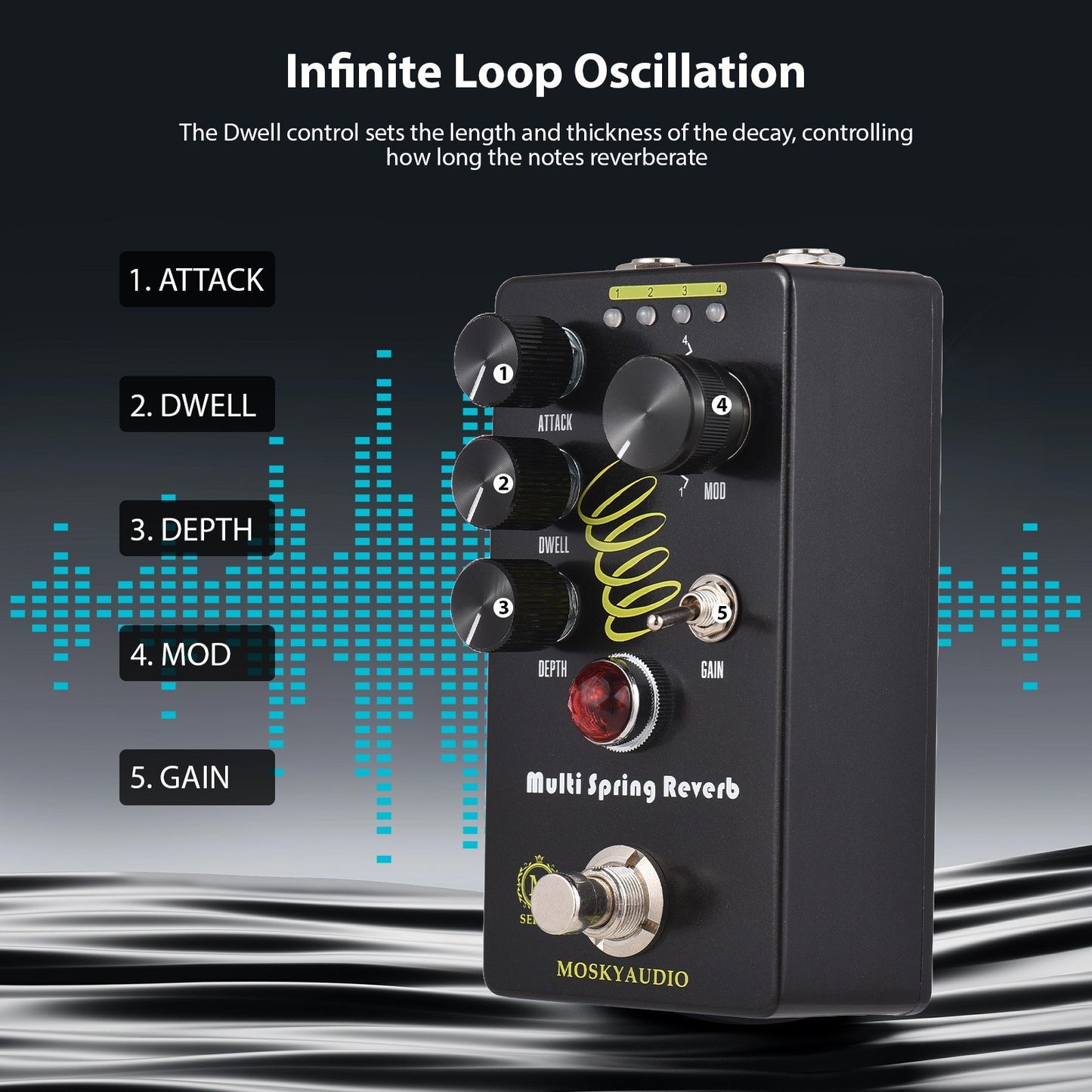 MOSKYAUDIO MULTI SPRING Reverb Pedal: True Bypass, Infinite Loop Oscillation & 4 Reverb Modes