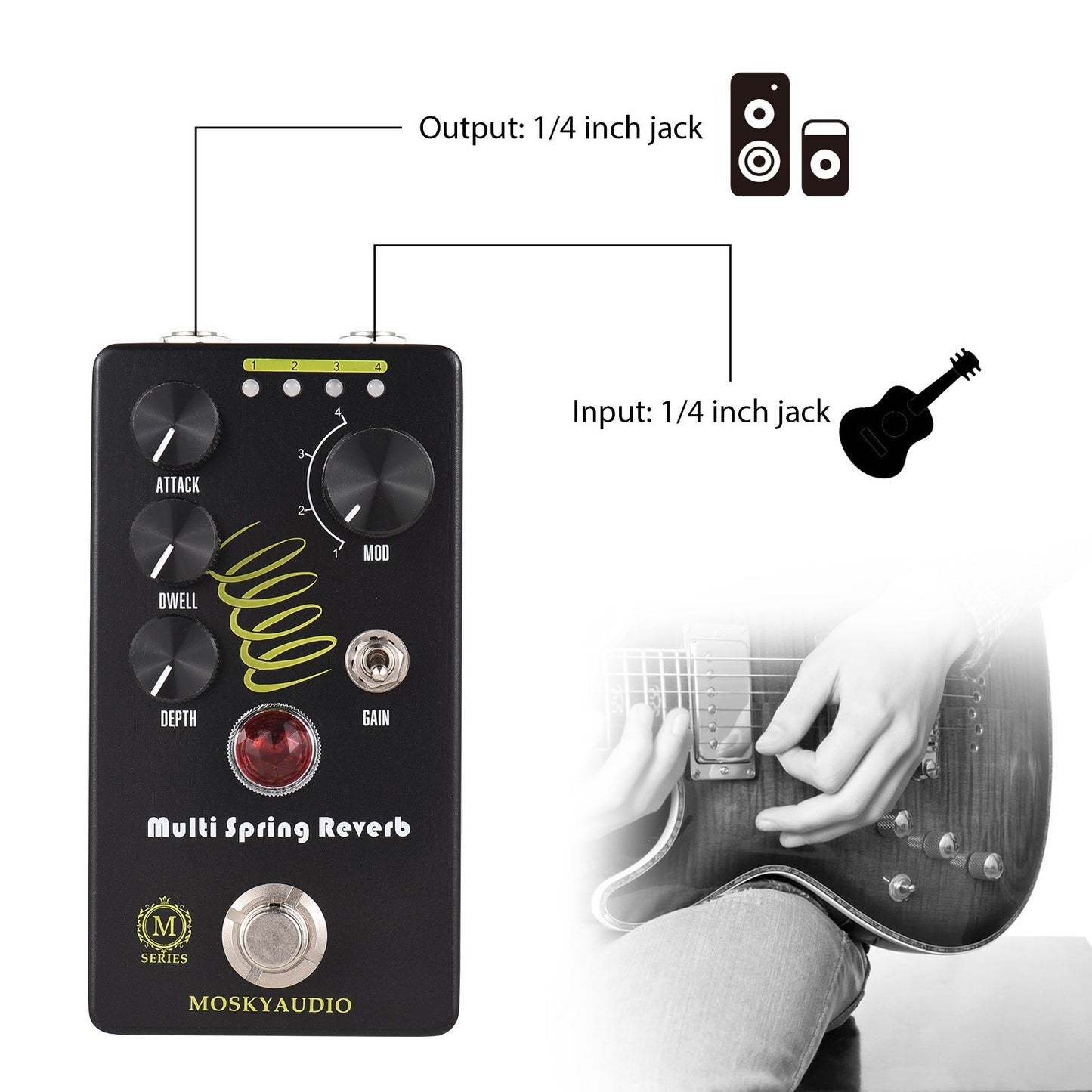 MOSKYAUDIO MULTI SPRING Reverb Pedal: True Bypass, Infinite Loop Oscillation & 4 Reverb Modes