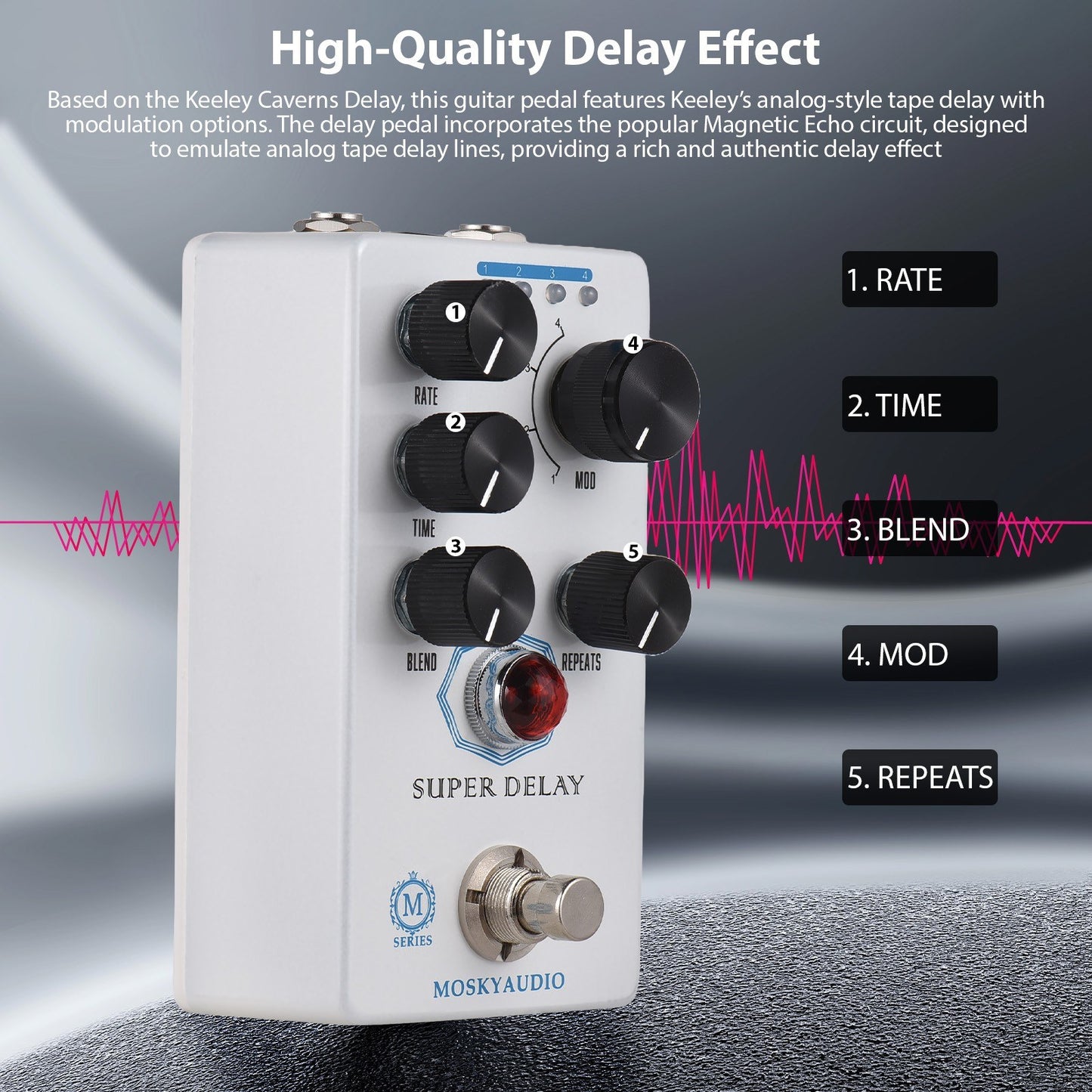MOSKYAUDIO Super Delay Guitar Pedal - True Bypass, 4-Mode Modulation Effects