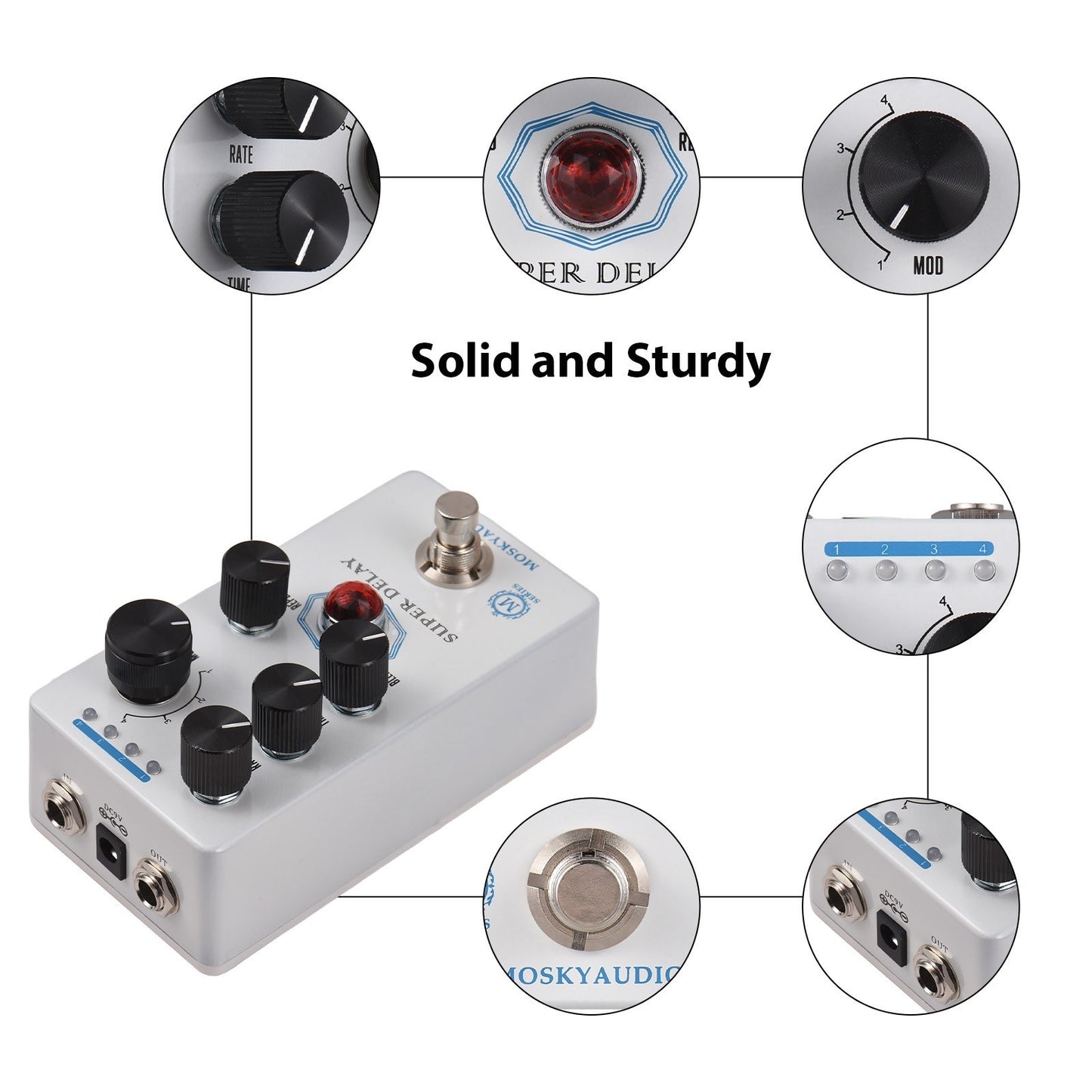 MOSKYAUDIO Super Delay Guitar Pedal - True Bypass, 4-Mode Modulation Effects