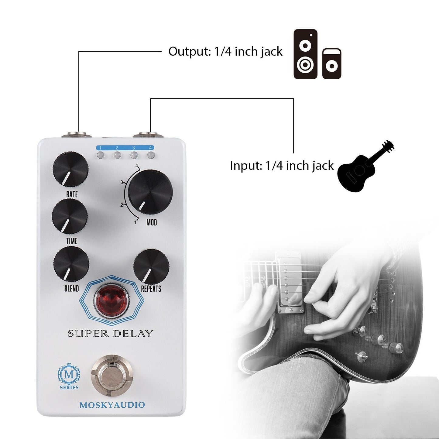 MOSKYAUDIO Super Delay Guitar Pedal - True Bypass, 4-Mode Modulation Effects