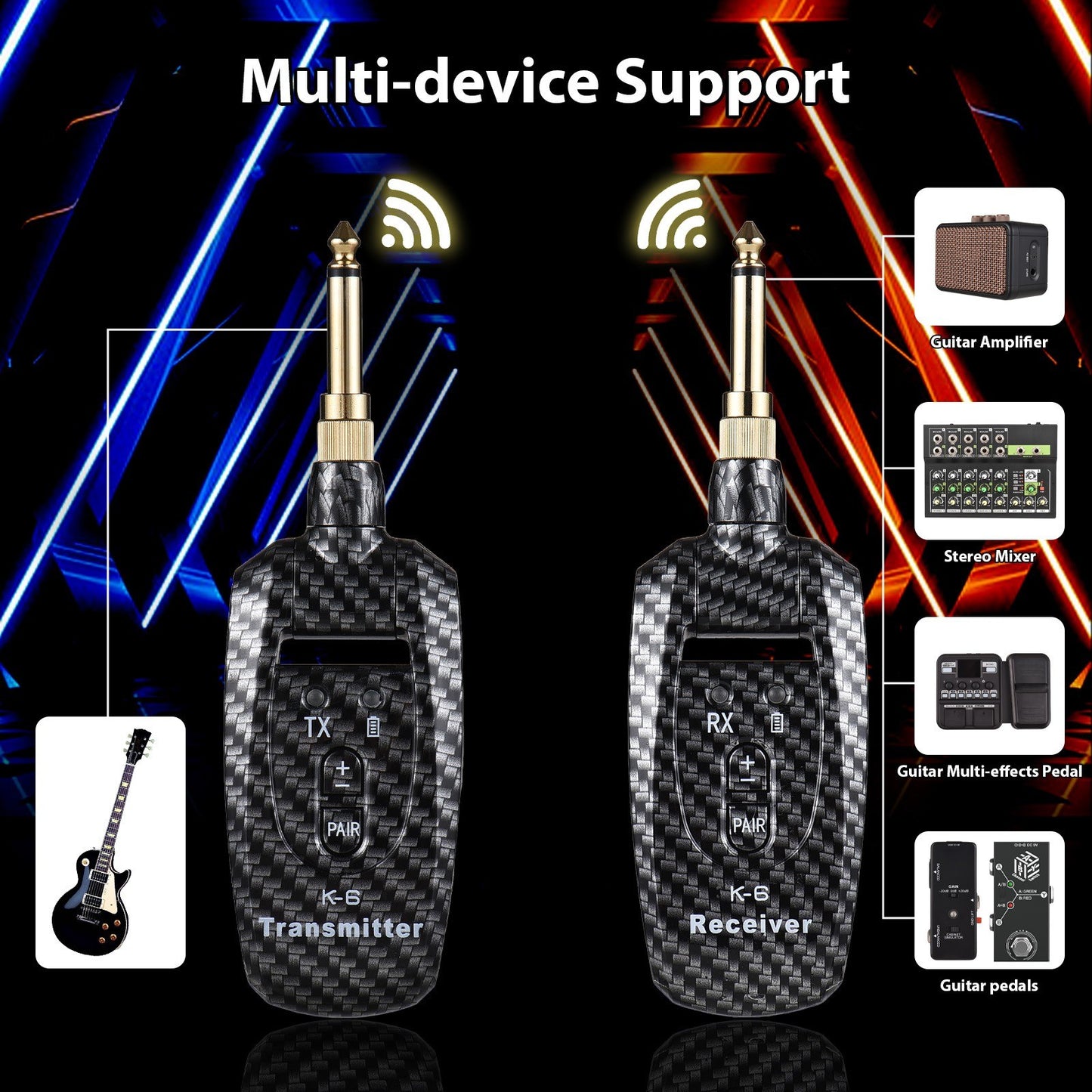 Portable KT-6 2.4G UHF Guitar Transmitter Receiver Set - Rechargeable, Long-Range, Plug & Play