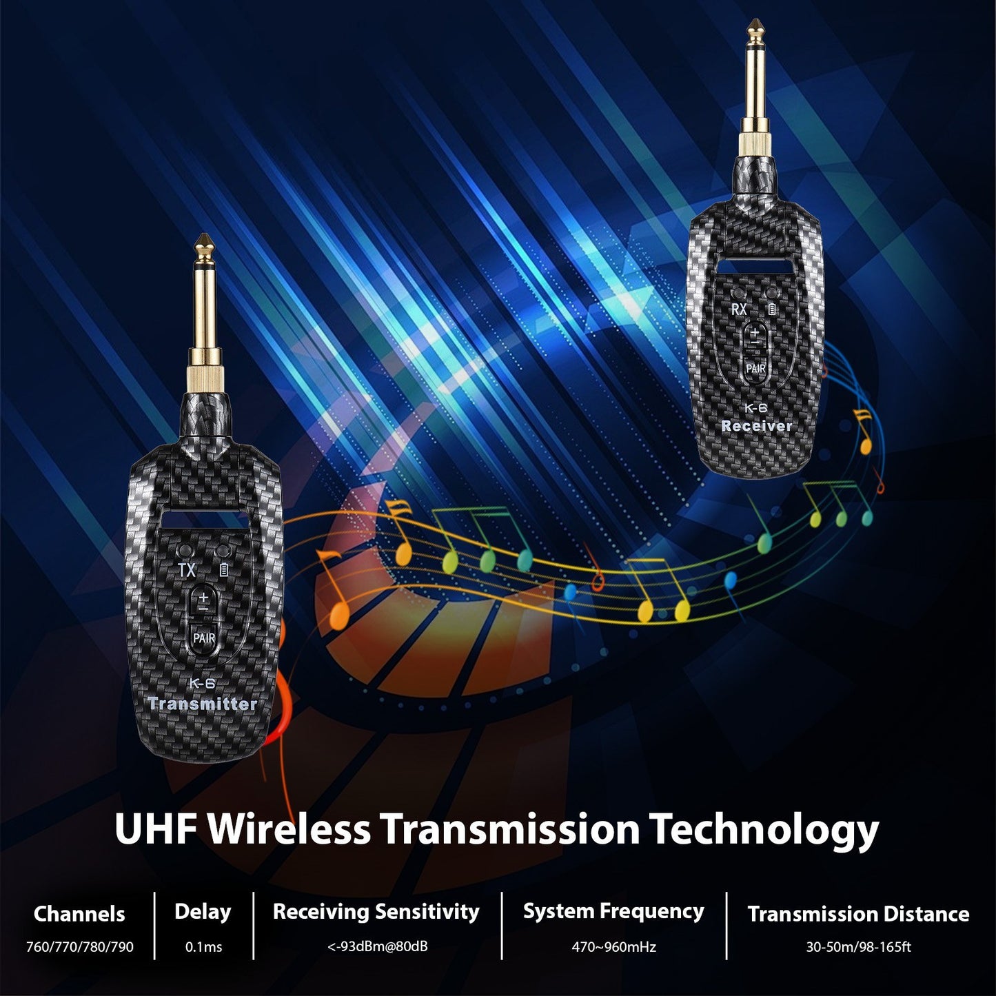 Portable KT-6 2.4G UHF Guitar Transmitter Receiver Set - Rechargeable, Long-Range, Plug & Play