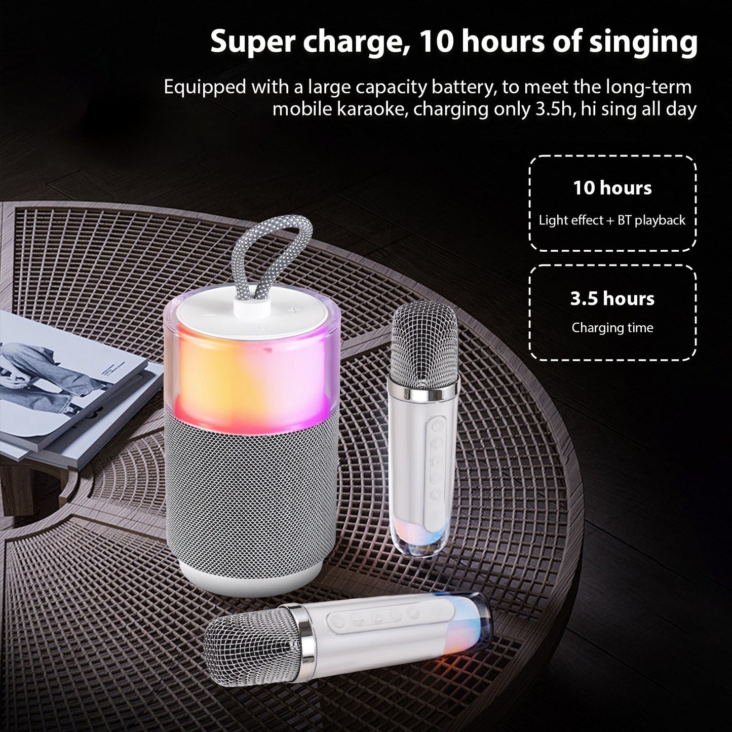 Compact Karaoke System with Dual Wireless Mics & Vibrant Light Show