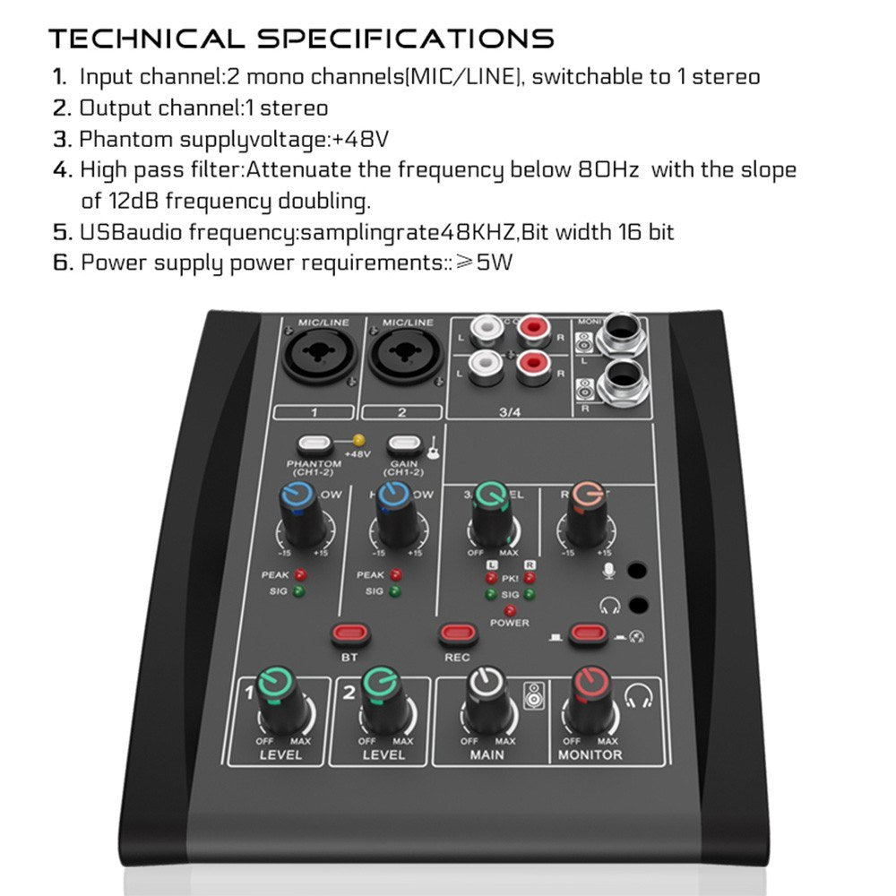 4-Channel Audio Mixer with 48V Phantom Power for Home Studio & Live Streaming