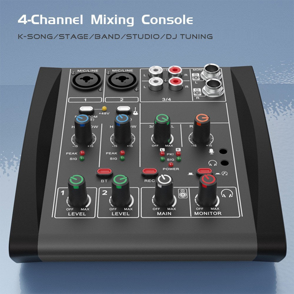 4-Channel Audio Mixer with 48V Phantom Power for Home Studio & Live Streaming