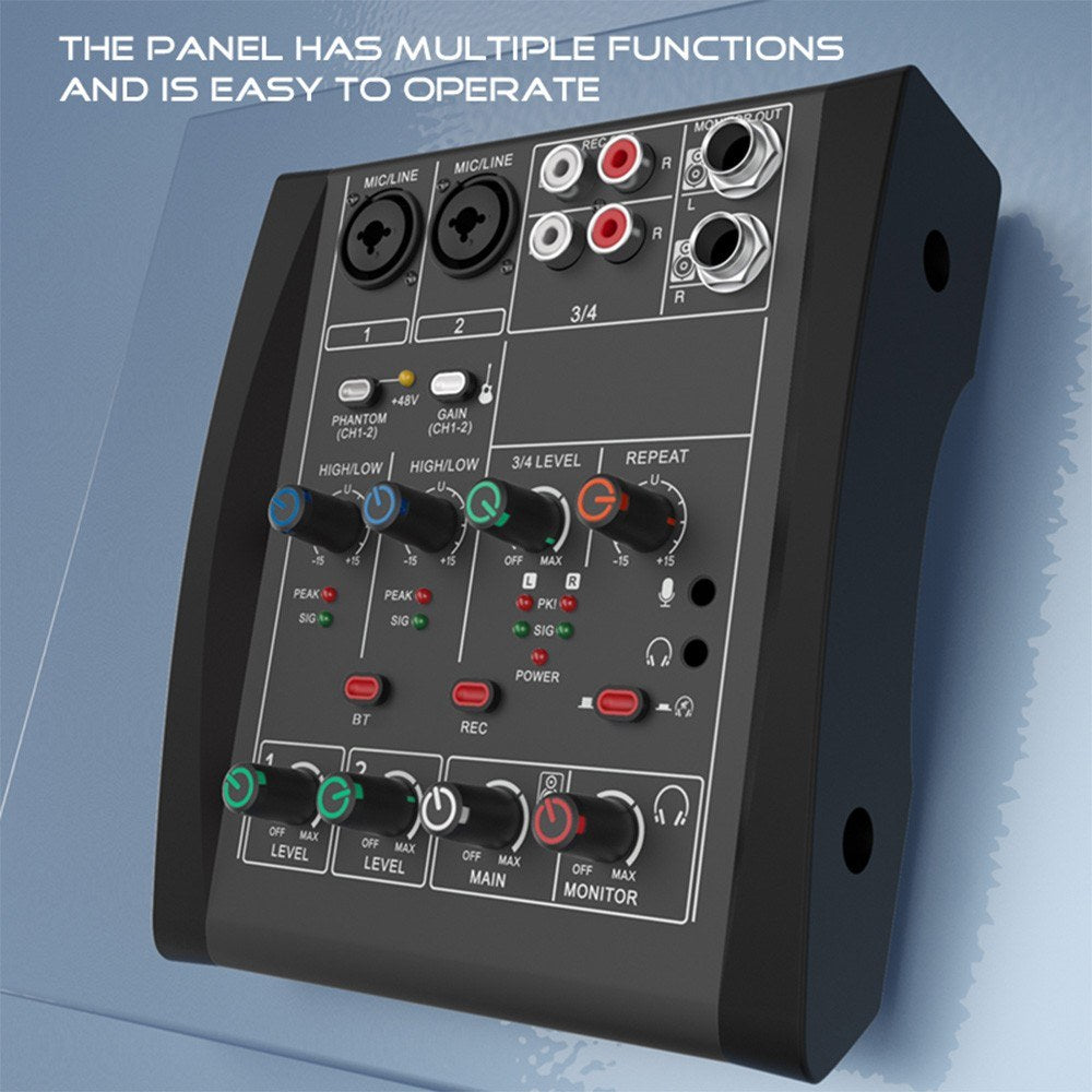 4-Channel Audio Mixer with 48V Phantom Power for Home Studio & Live Streaming