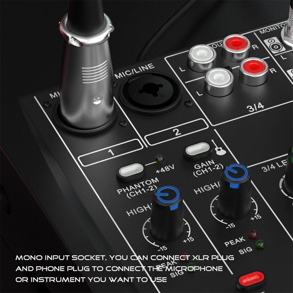 4-Channel Audio Mixer with 48V Phantom Power for Home Studio & Live Streaming