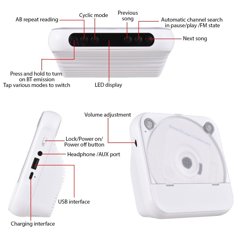 Portable HiFi Stereo CD Player KC-816 BT - LED Display, FM Radio, USB/AUX, Remote Control