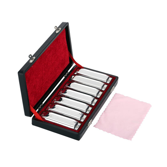Swan 7-Piece Diatonic Blues Harmonica Set (A-G) with 10 Holes and Exquisite Box + Wipes