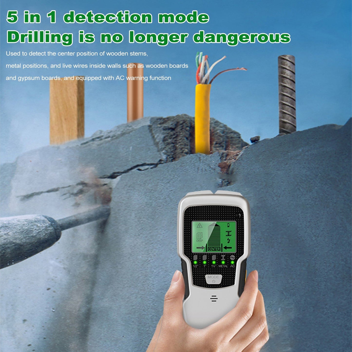 5-in-1 Electronic Wall Scanner Stud Finder with HD LCD, Wood Metal Wire Detection & Warning Function