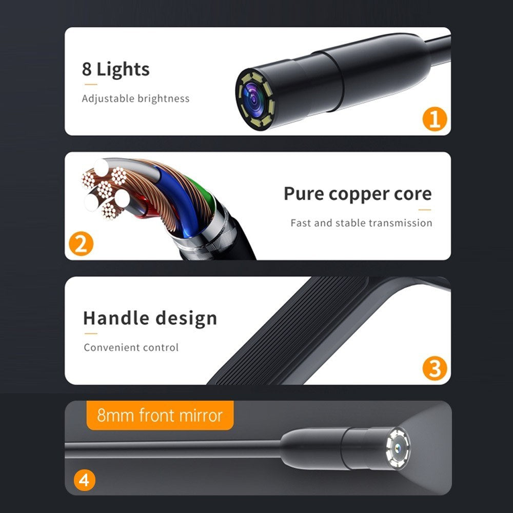 1080P HD Borescope with 4.3 Screen, 8 LED Lights, 16.4ft Rigid Cord Inspection Camera