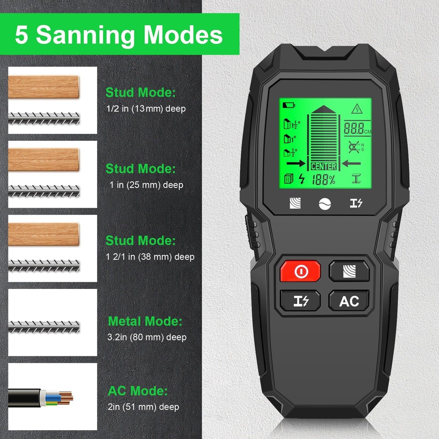 5-in-1 Electronic Stud Finder Wall Scanner with HD LCD & Warning - Detects Wood, Metal, Wire