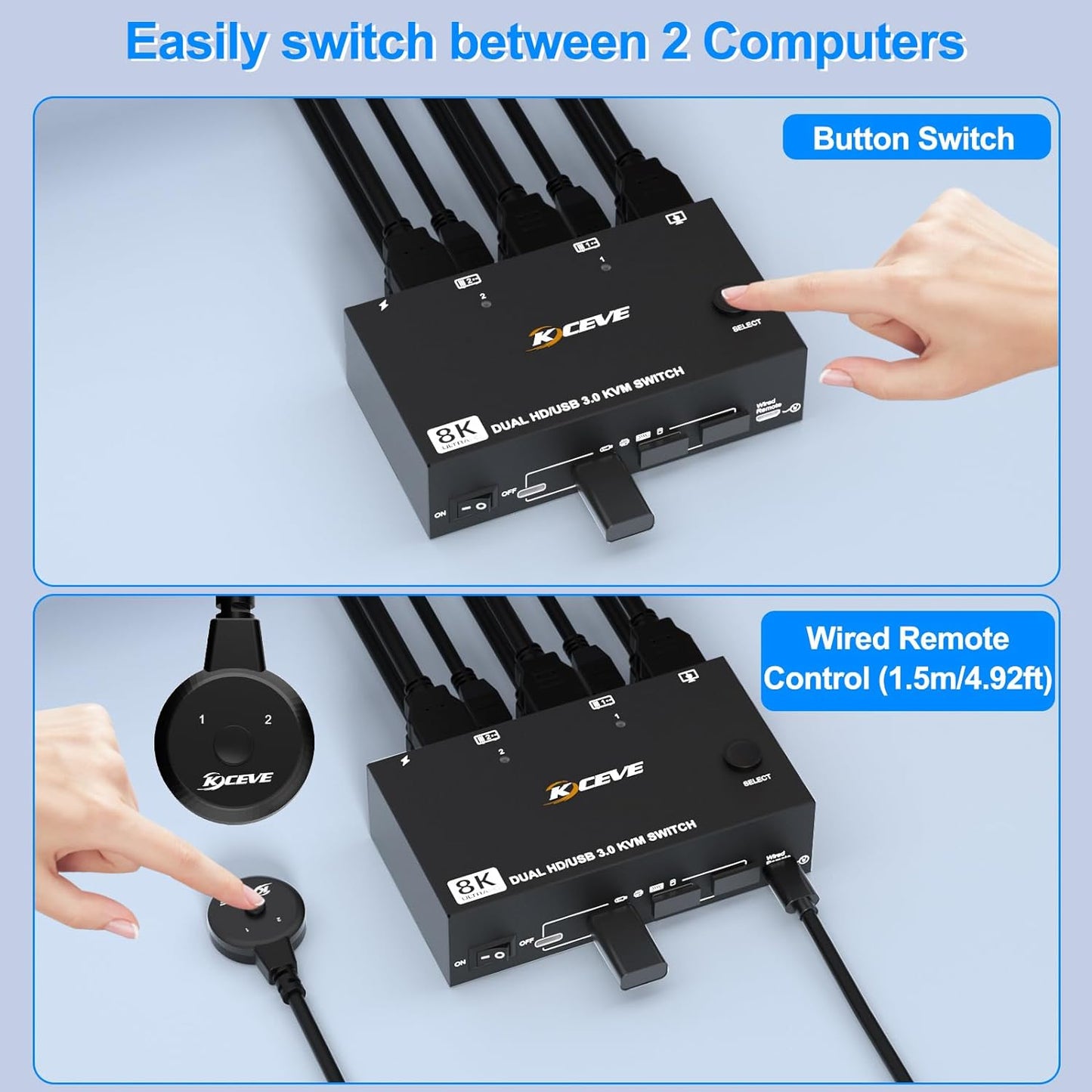 Dual Display KVM Switch 4K HDMI 3840x2160@30Hz | Plug & Play Compatible - KCEVE KC-KVM202