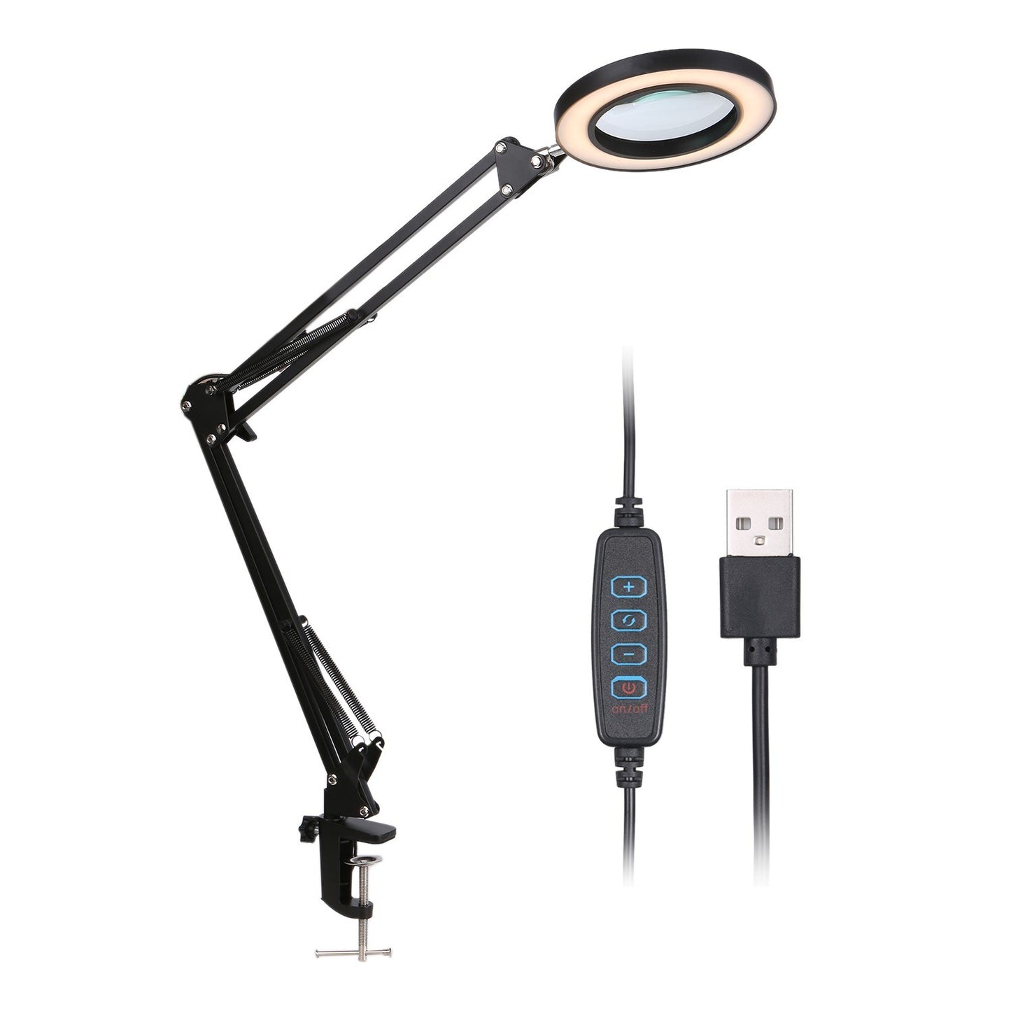 8X LED Magnifying Glass Lamp with Clamp - 64 LEDs, 10 Brightness Levels, Dimmable 3-Color Temperature, USB Powered Desk Light with Flexible Foldable Bracket for Printing, Carving, Stamps & More
