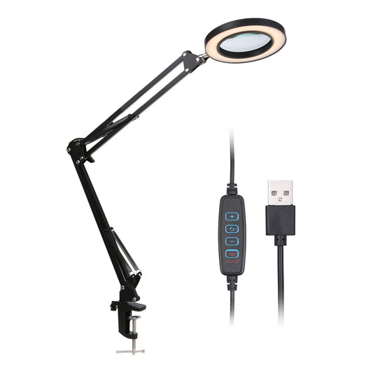 8X LED Magnifying Glass Lamp with Clamp - 64 LEDs, 10 Brightness Levels, Dimmable 3-Color Temperature, USB Powered Desk Light with Flexible Foldable Bracket for Printing, Carving, Stamps & More