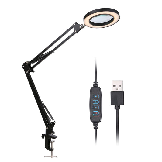 Clamp Clip Light with 8X Magnifier & LEDs - 10 Adjustable Brightness Levels, Dimmable, 3 Color Temps Desk Lamp