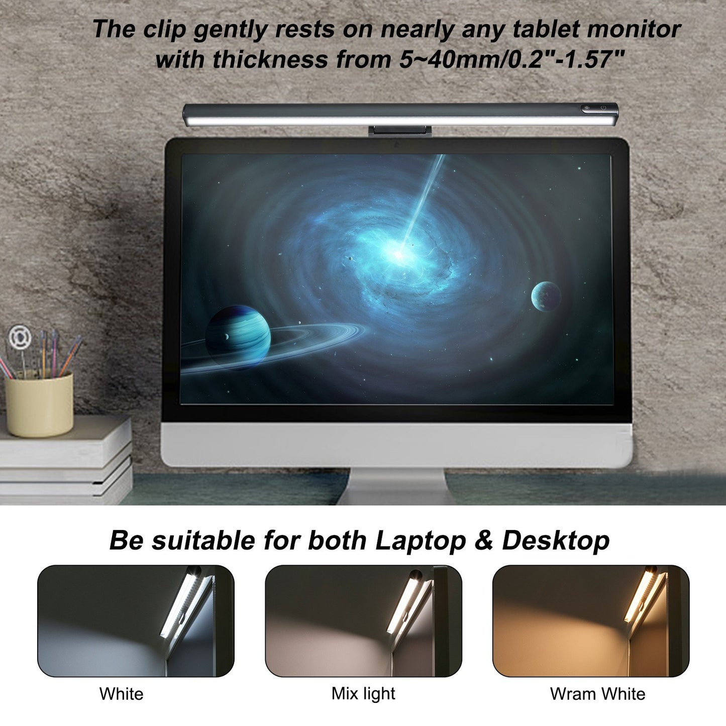 USB-C LED Monitor Light with 3-Color Temperature, Stepless Dimming, Memory Function - Portable for Study, Café, Home Use