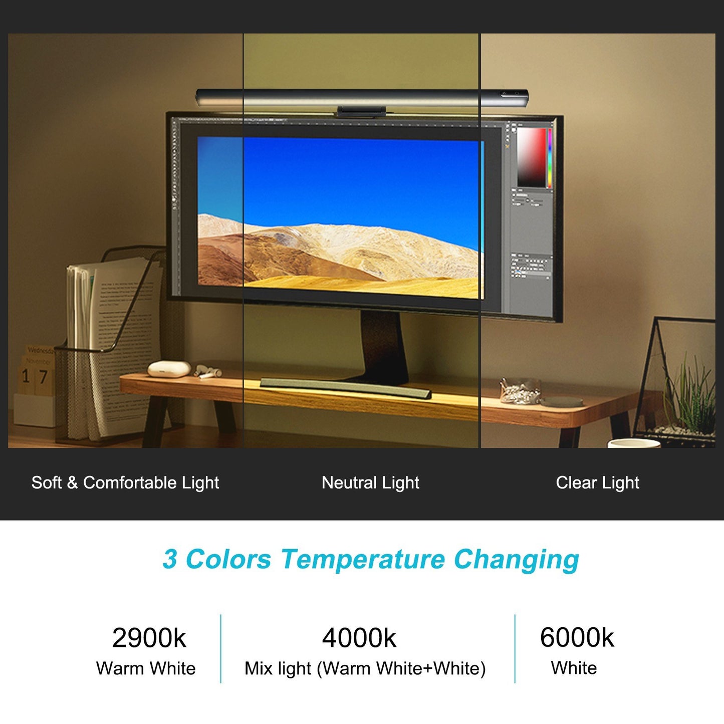 USB-C LED Monitor Light with 3-Color Temperature, Stepless Dimming, Memory Function - Portable for Study, Café, Home Use