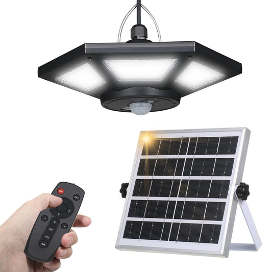 Solar Powered 180LED Garage Pendant Light with Motion Sensor & Remote Control for Outdoor Use