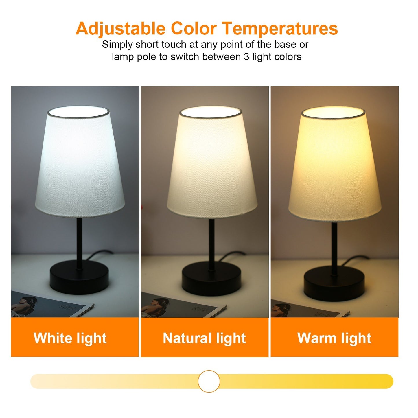 LED Bedside Table Lamp with 3 Light Colors and Fabric Shade