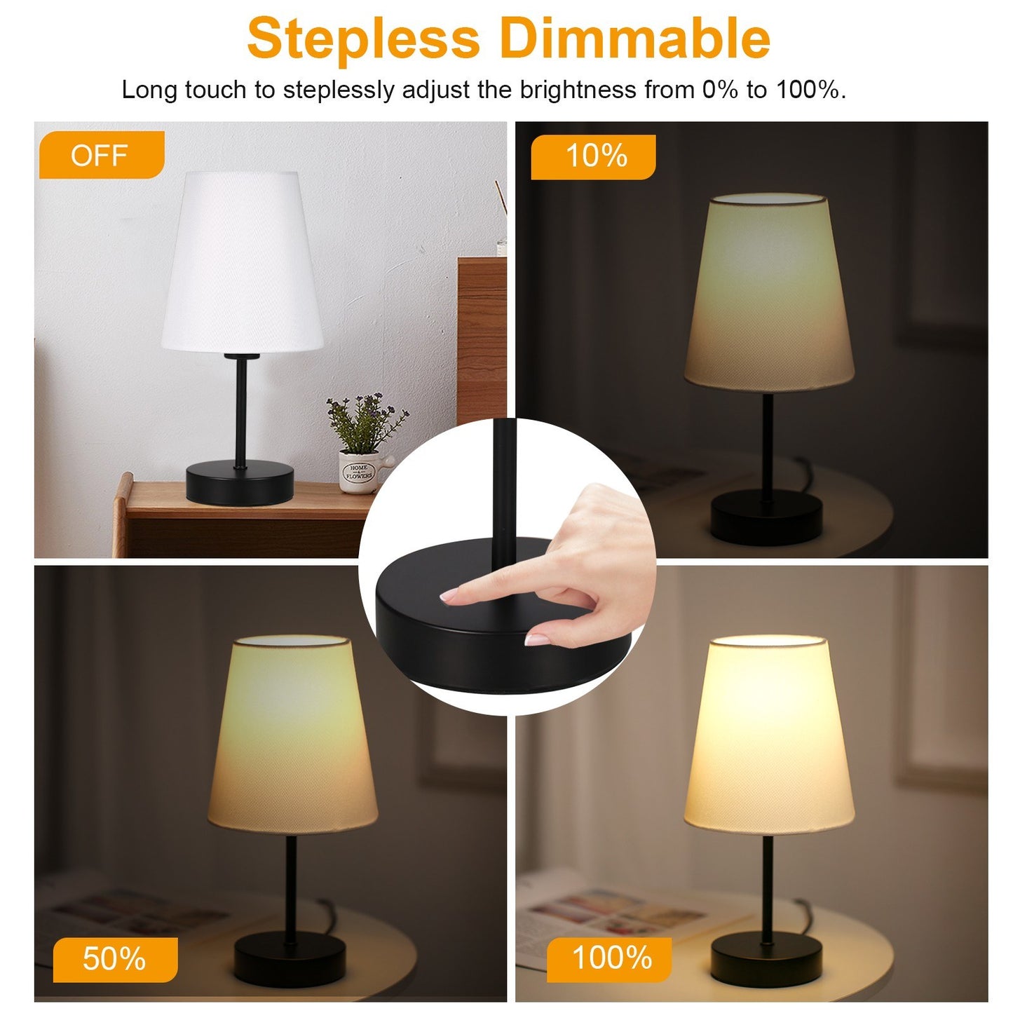 LED Bedside Table Lamp with 3 Light Colors and Fabric Shade