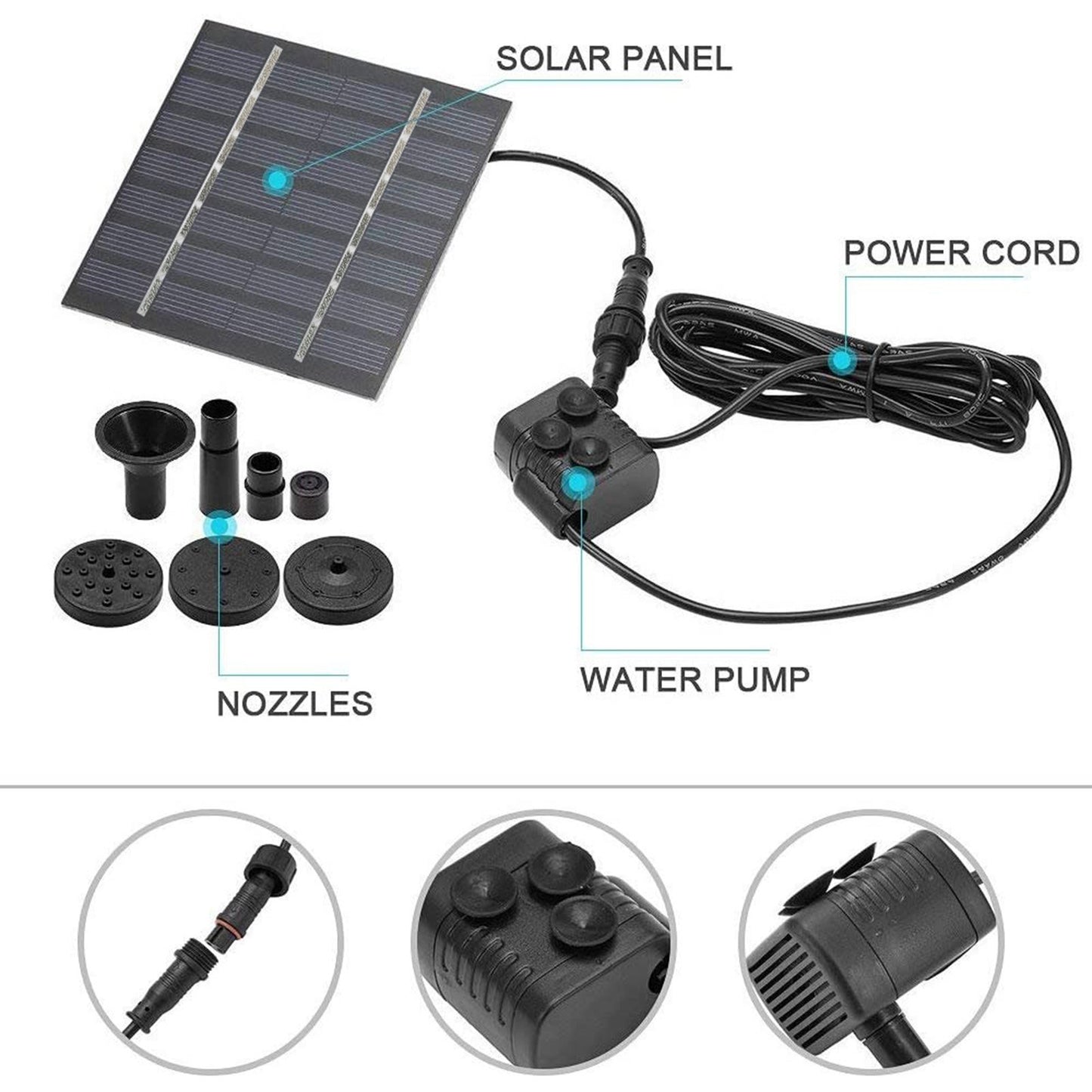 Outdoor Solar Fountain Pump with 4 Spraying Nozzles for Bird Baths, Pools, Courtyards, Gardens, and Ponds