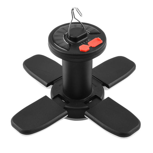 Foldable Solar Camping Light with USB Output: 4-Blade Hanging Lamp for Outdoors, 6 Modes & Hook