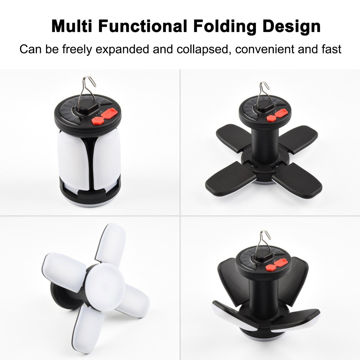 Foldable Solar Camping Light with USB Output: 4-Blade Hanging Lamp for Outdoors, 6 Modes & Hook