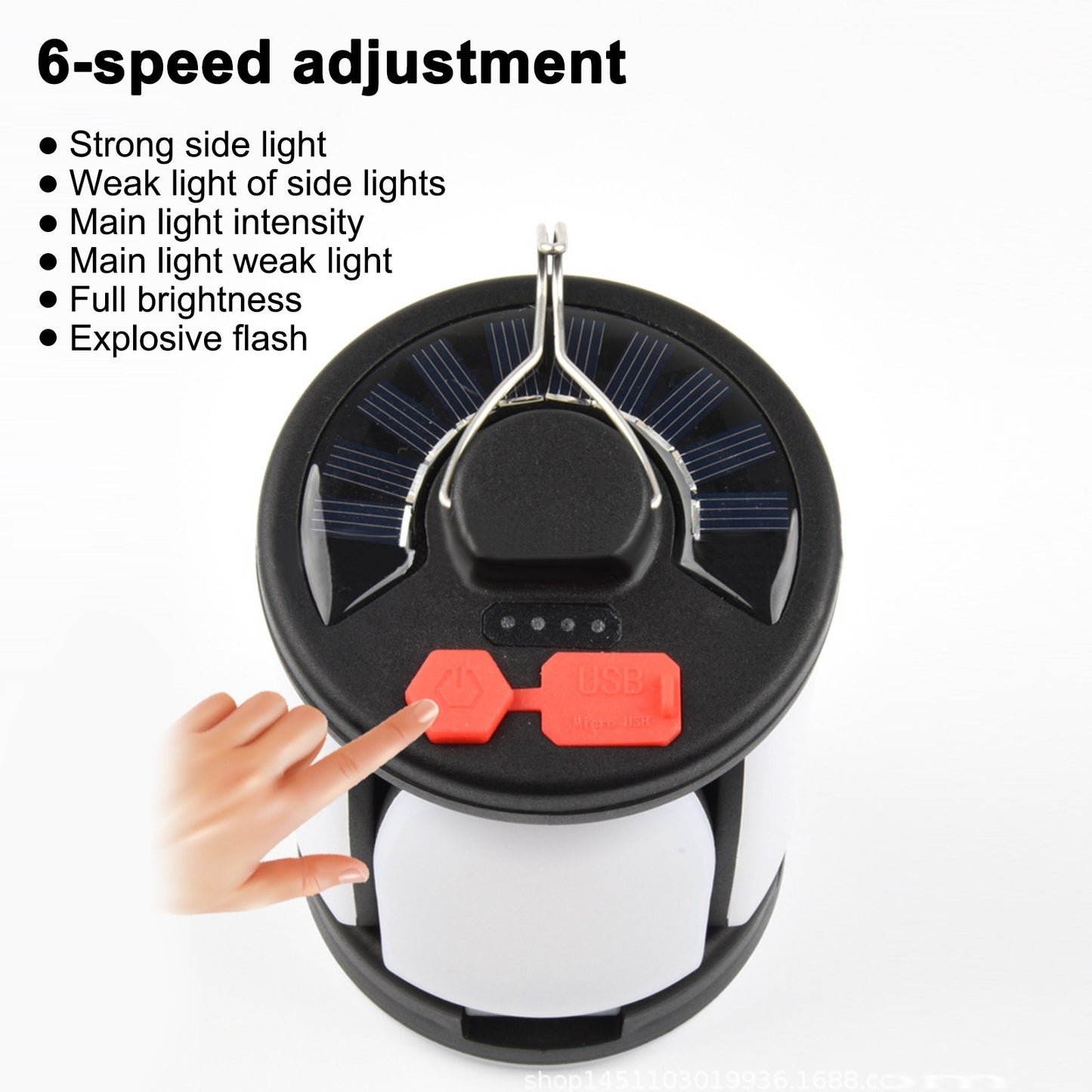 Foldable Solar Camping Light with USB Output: 4-Blade Hanging Lamp for Outdoors, 6 Modes & Hook