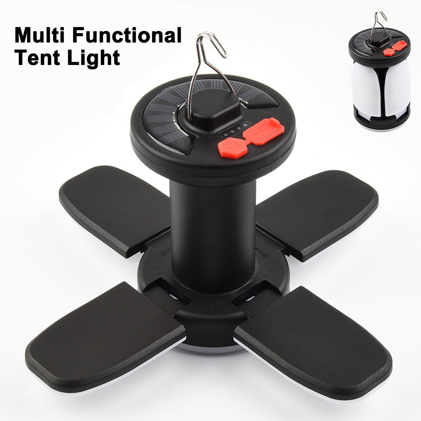 Foldable Solar Camping Light with USB Output: 4-Blade Hanging Lamp for Outdoors, 6 Modes & Hook