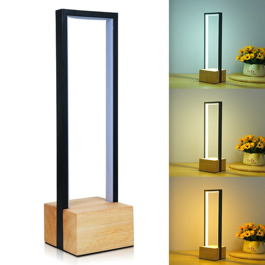 Dimmable LED Nightstand Lamp: Black Aluminum Frame, Wooden Base, 3-Color Touch Control for Bedroom