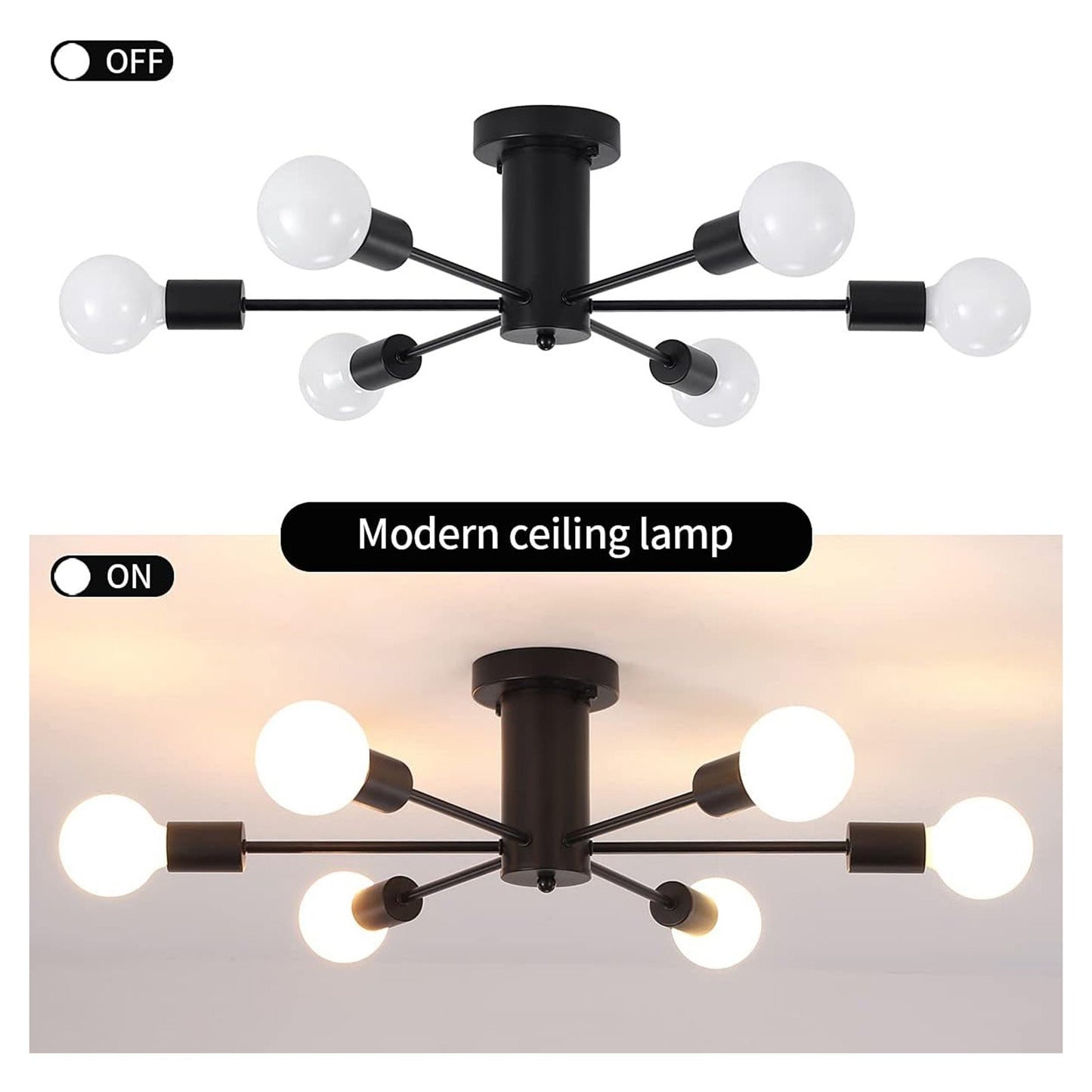 Black Industrial 6-Light Modern Chandelier Semi-Flush Ceiling Fixture for Bedroom, Dining Room, Kitchen, Living Room (Bulbs Not Included)