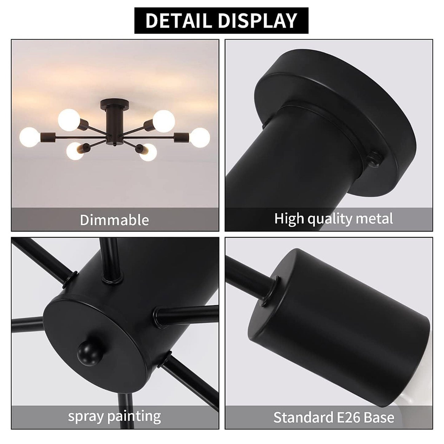 Black Industrial 6-Light Modern Chandelier Semi-Flush Ceiling Fixture for Bedroom, Dining Room, Kitchen, Living Room (Bulbs Not Included)