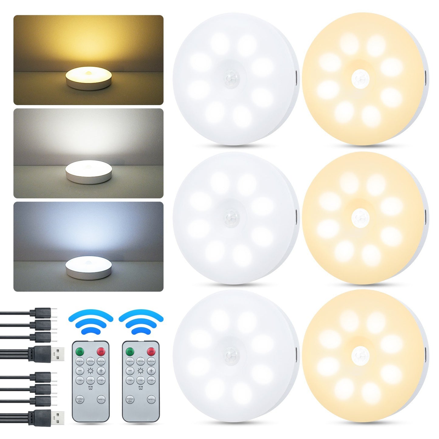 Rechargeable Motion Sensor Cabinet Closet Lamp Set - 6 PCS with Remote Control, Dimming & Adjustable Timer (15/30/60 mins)