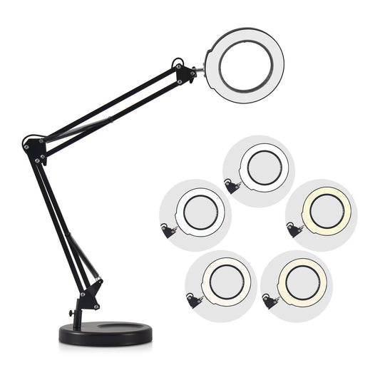 Adjustable Clamp Table Lamp with 5x Magnifier & Dimmable LED Swing Arm