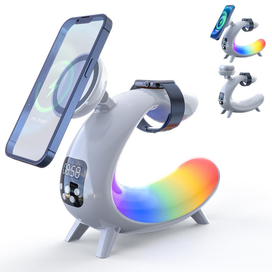 Wireless Charging Bedside Lamp with Colorful Night Light, Bluetooth Speaker, Clock & Ambient Lighting