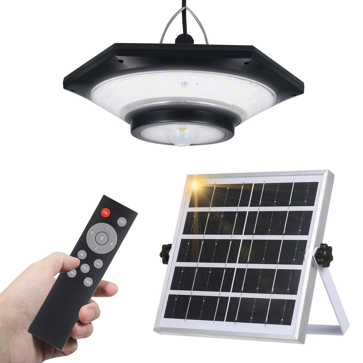 Neoglint Solar Powered Pendant Light, 228 LEDs, PIR Motion Sensor, Waterproof Outdoor Hanging Lamp for Garage, Yard, Patio with Remote & Timer (4/6H)