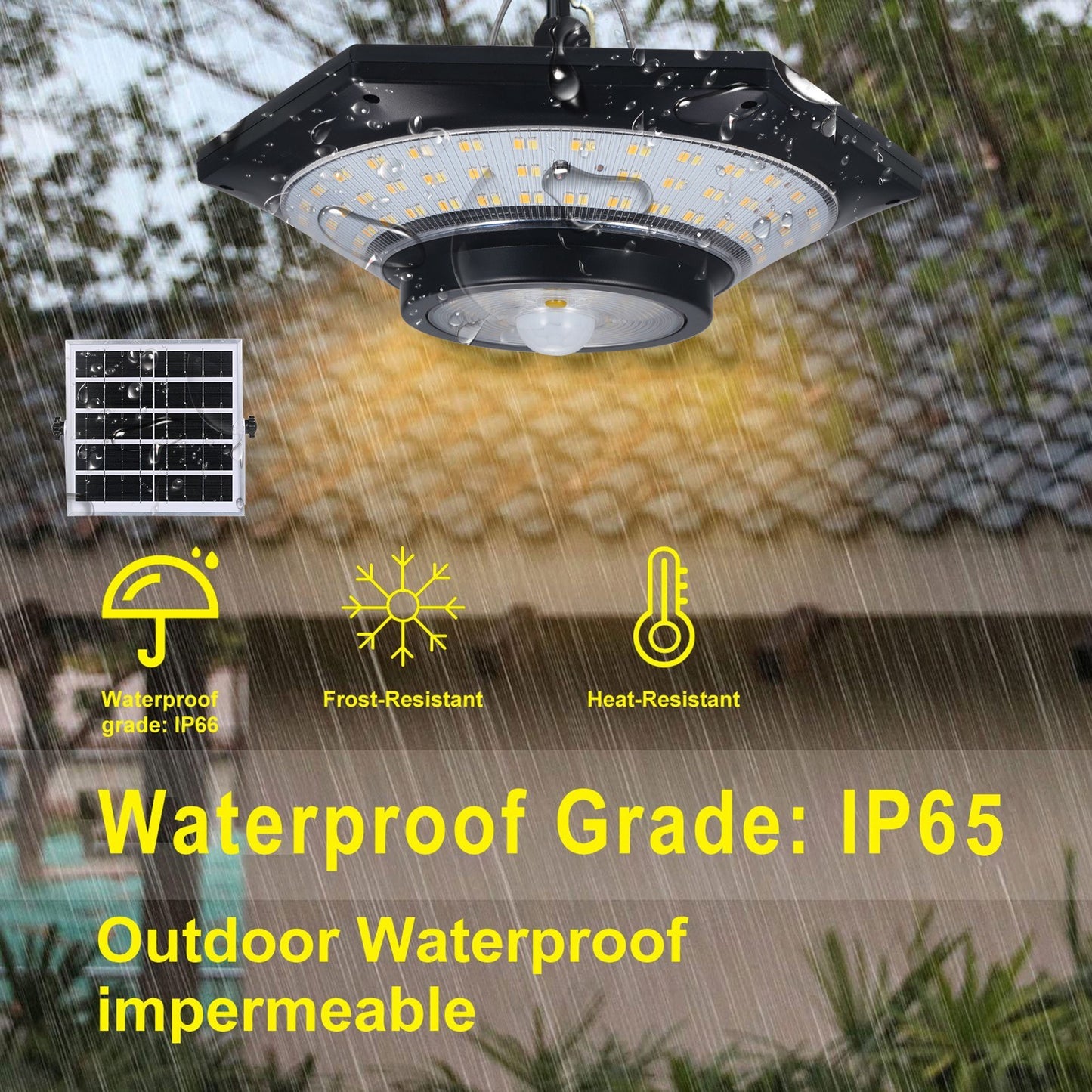 Neoglint Solar Powered Pendant Light, 228 LEDs, PIR Motion Sensor, Waterproof Outdoor Hanging Lamp for Garage, Yard, Patio with Remote & Timer (4/6H)