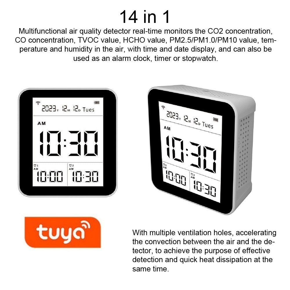 Tuya WiFi Smart Air Quality Monitor 14-in-1 CO2 Detector with Remote App Control & Alarm for Home/Office