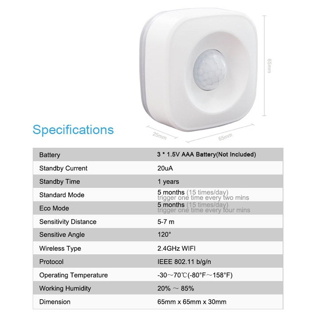 Tuya 2.4GHz WiFi PIR Motion Sensor Alarm, 120° Wide-Angle Infrared Human Detector