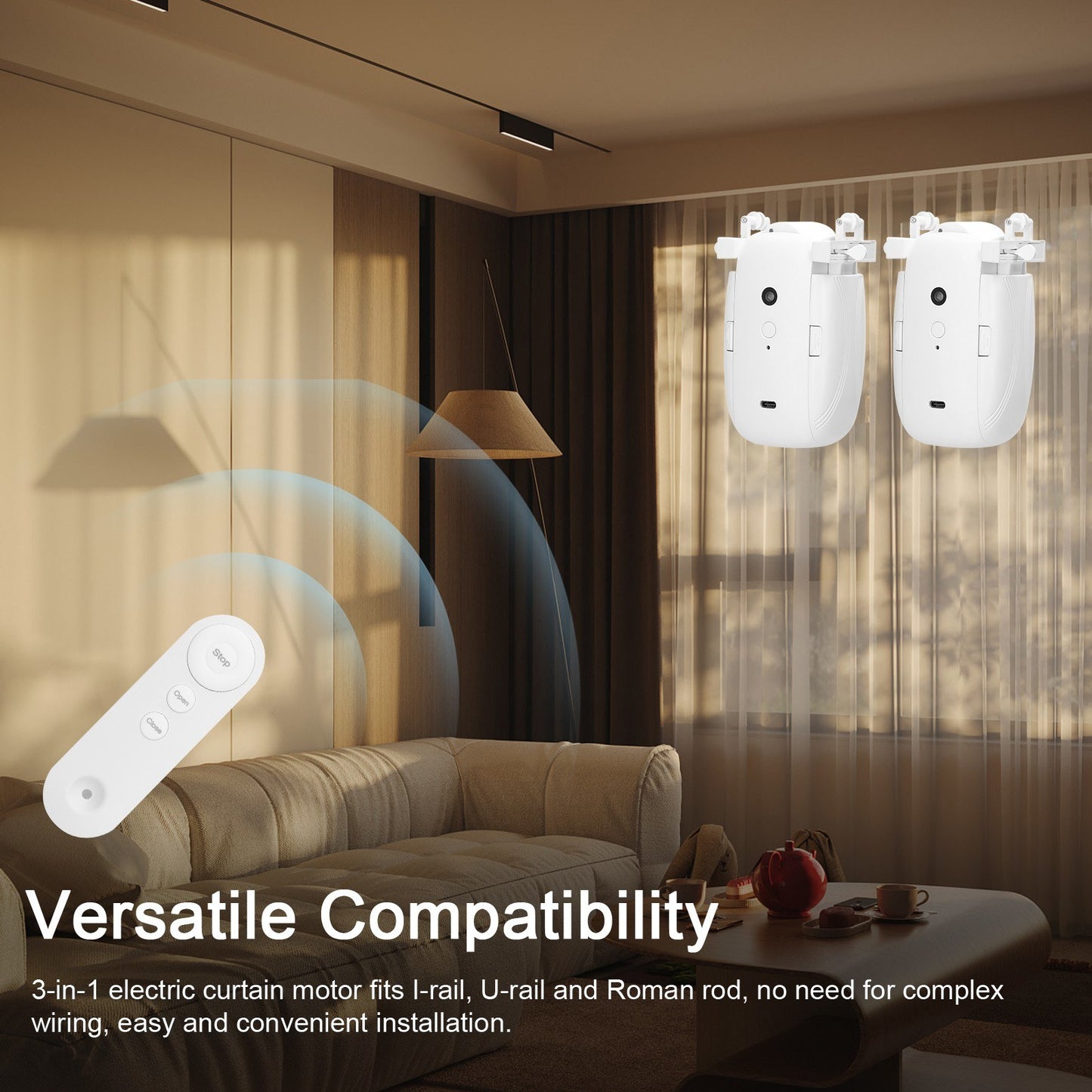 2-Pack Smart Curtain Motor Kit: Wireless Remote-Control Electric Opener for I-Rail/U-Rail/Roman Rod