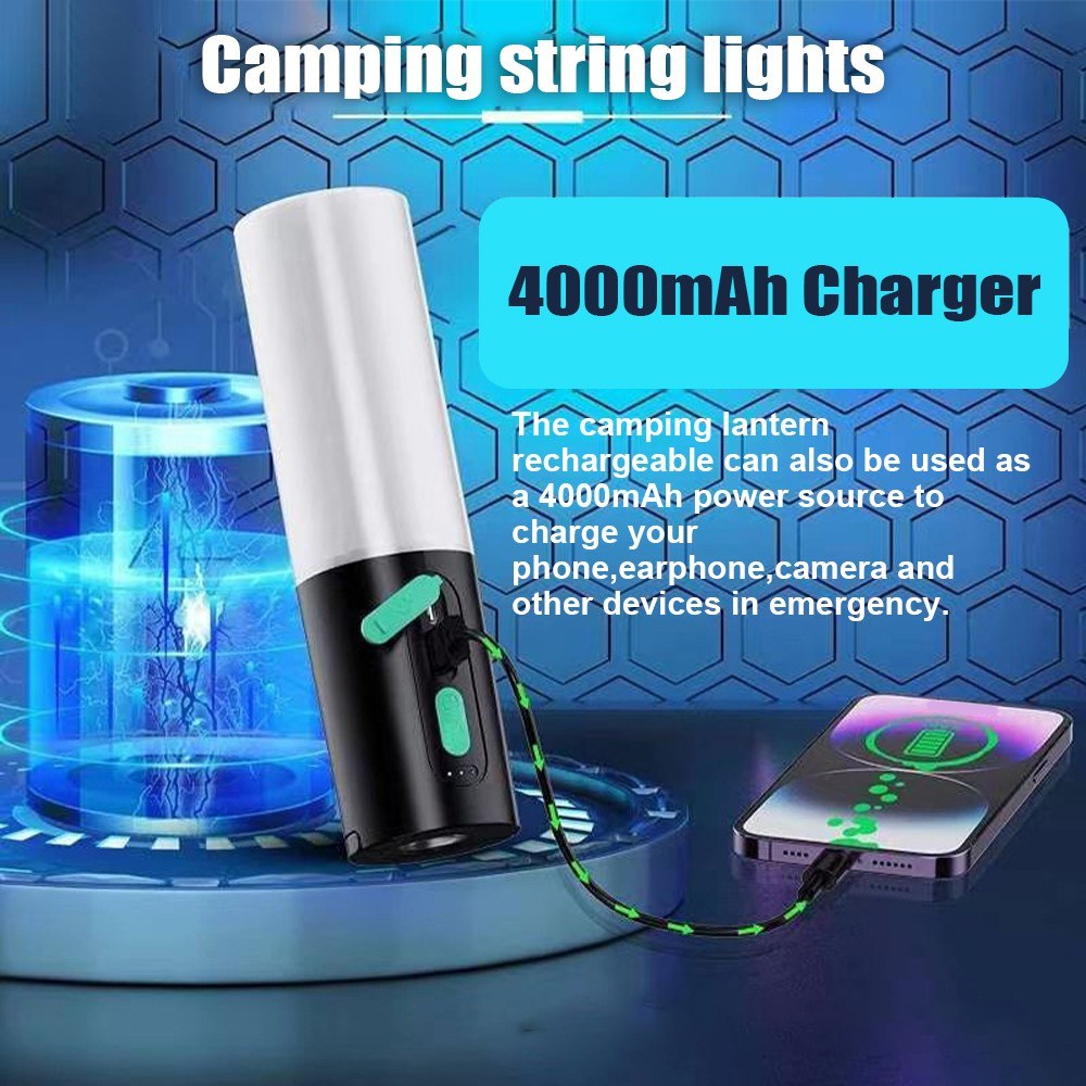 Rechargeable 4-in-1 Camping Lantern & 33Ft String Lights: 1000 Lumen, 4000mAh Power Bank, IPX6 Waterproof, 7 Modes - Perfect for Outdoors, Fishing, Hiking, Decor