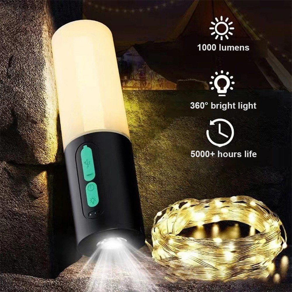 Rechargeable 4-in-1 Camping Lantern & 33Ft String Lights: 1000 Lumen, 4000mAh Power Bank, IPX6 Waterproof, 7 Modes - Perfect for Outdoors, Fishing, Hiking, Decor