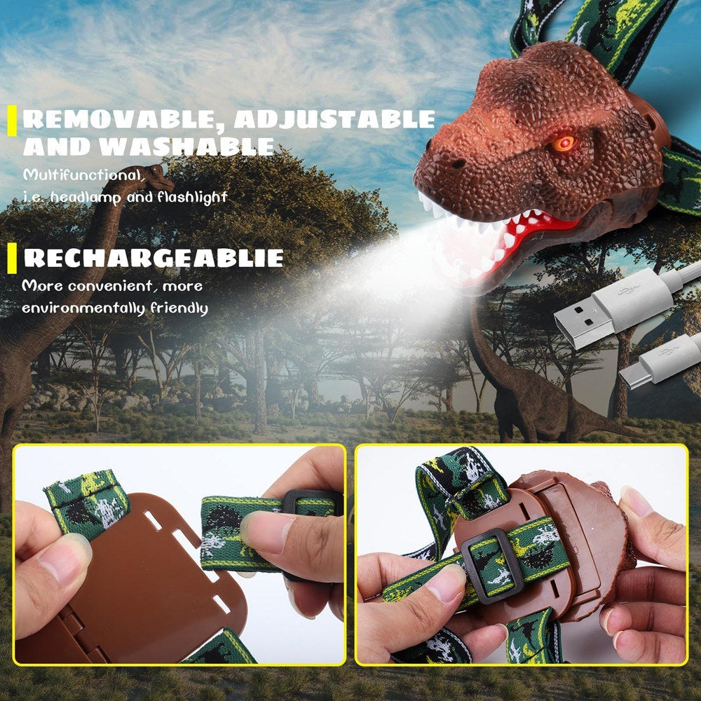Dinosaur LED Headlamp for Kids & Adults with USB Rechargeable Adjustable Headband - Fun Toy Headlight Gift for Boys & Girls