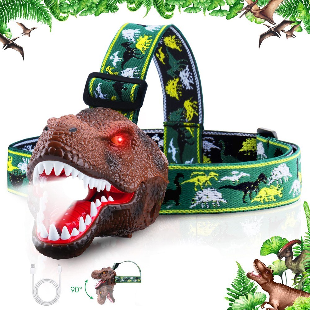 Dinosaur LED Headlamp for Kids & Adults with USB Rechargeable Adjustable Headband - Fun Toy Headlight Gift for Boys & Girls