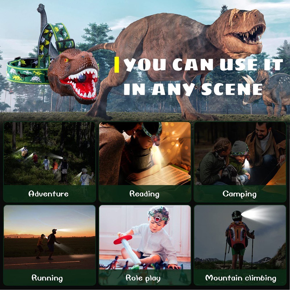 Dinosaur LED Headlamp for Kids & Adults with USB Rechargeable Adjustable Headband - Fun Toy Headlight Gift for Boys & Girls