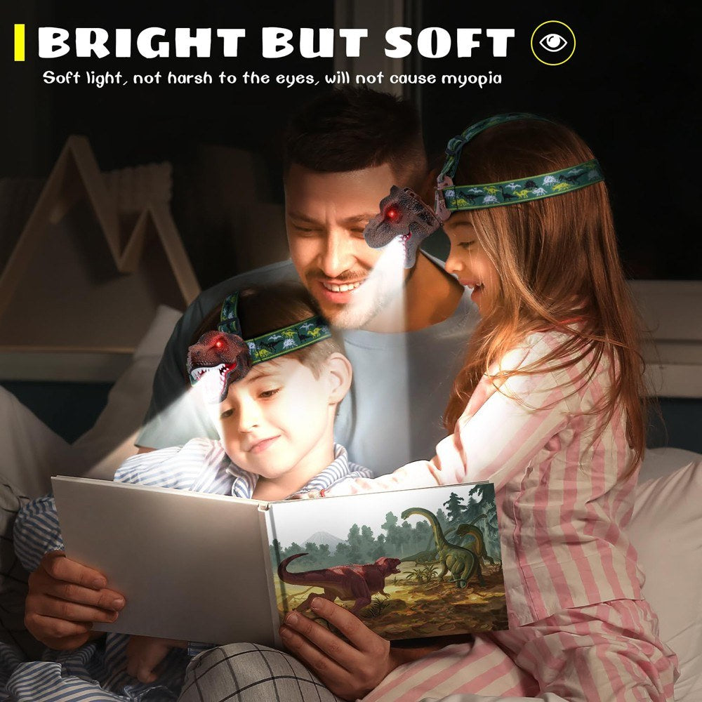 Dinosaur LED Headlamp for Kids & Adults with USB Rechargeable Adjustable Headband - Fun Toy Headlight Gift for Boys & Girls